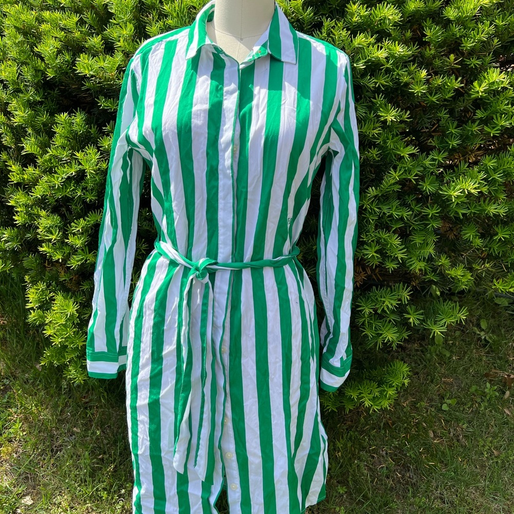 Green and while long sleeve shirt dress